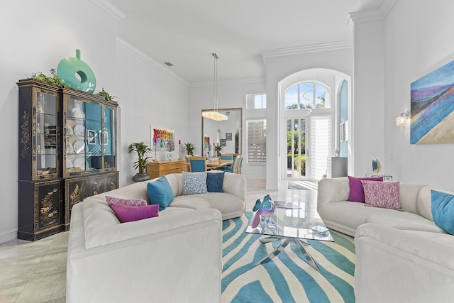 living room with crown molding