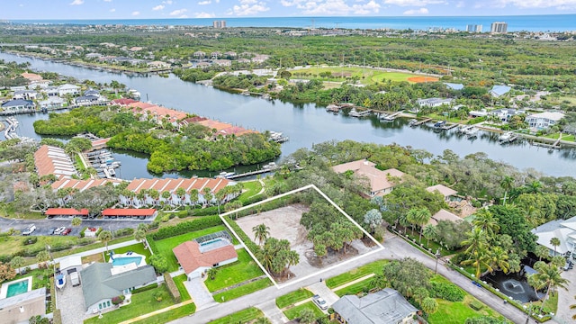 drone / aerial view featuring a water view