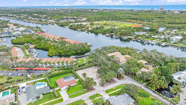 bird's eye view with a water view