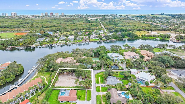 bird's eye view with a water view