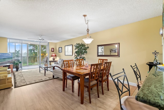 dining space featuring ceiling fan, light hardwood / wood-style floors, a textured ceiling, and expansive windows