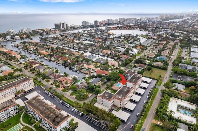 drone / aerial view with a water view