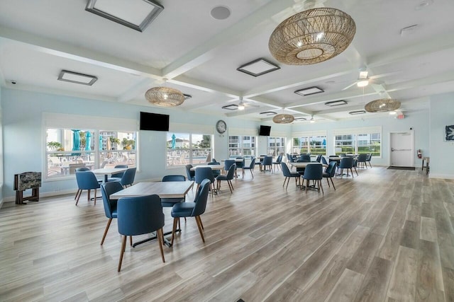 dining space featuring light wood-type flooring, ceiling fan, a healthy amount of sunlight, and coffered ceiling