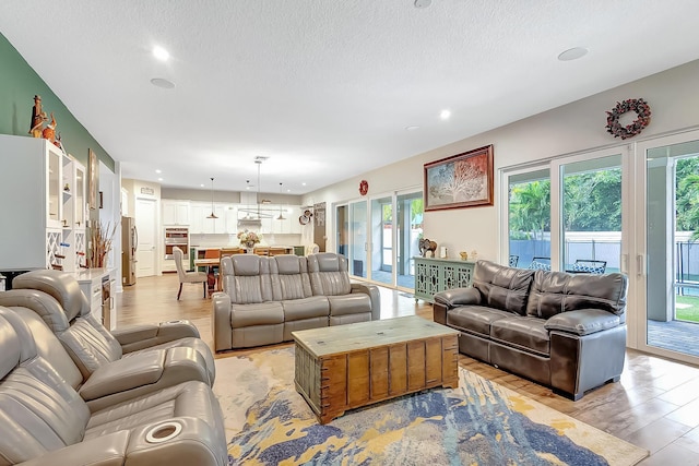 living room featuring light hardwood / wood-style floors and a textured ceiling