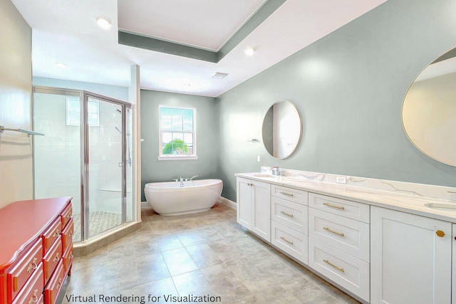 bathroom featuring independent shower and bath, vanity, a raised ceiling, and tile patterned flooring