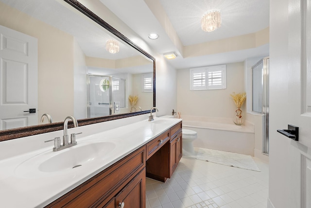 full bathroom featuring shower with separate bathtub, toilet, vanity, and tile patterned flooring