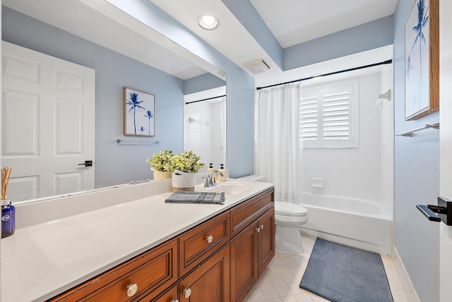 full bathroom with tile patterned floors, vanity, toilet, and shower / tub combo with curtain