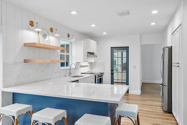 kitchen featuring appliances with stainless steel finishes, white cabinetry, sink, kitchen peninsula, and a breakfast bar area