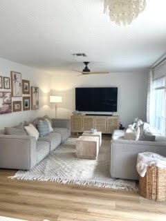 living room with wood-type flooring and ceiling fan