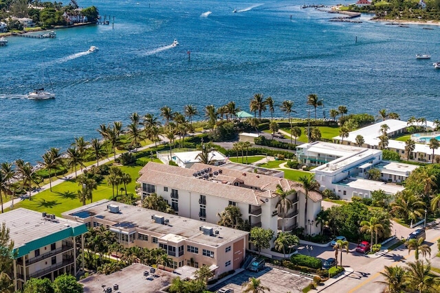 bird's eye view with a water view