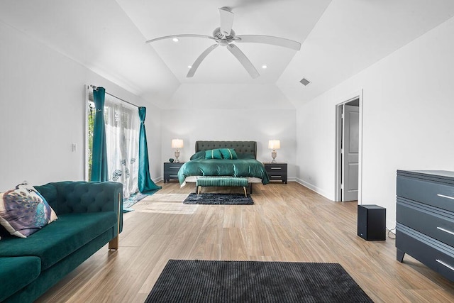 bedroom with lofted ceiling, access to outside, ceiling fan, and light hardwood / wood-style flooring