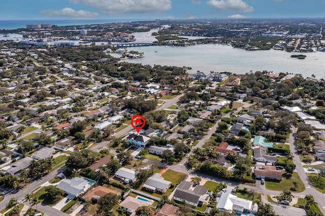 aerial view featuring a water view