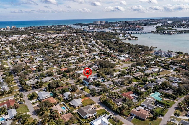 bird's eye view with a water view