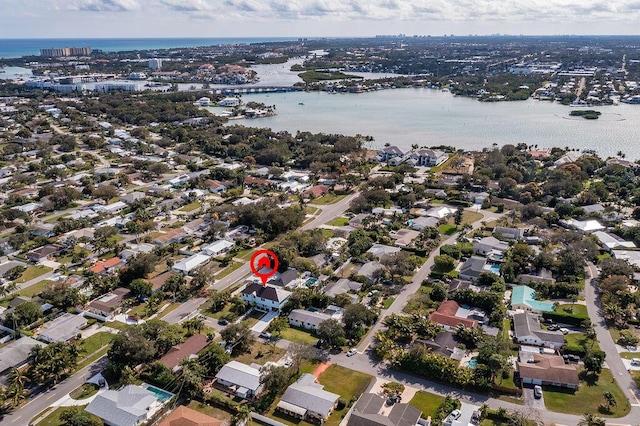 drone / aerial view featuring a water view