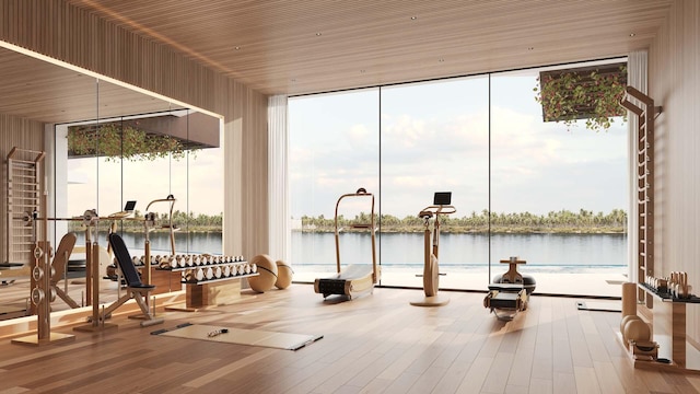 gym with hardwood / wood-style flooring, floor to ceiling windows, and a water view