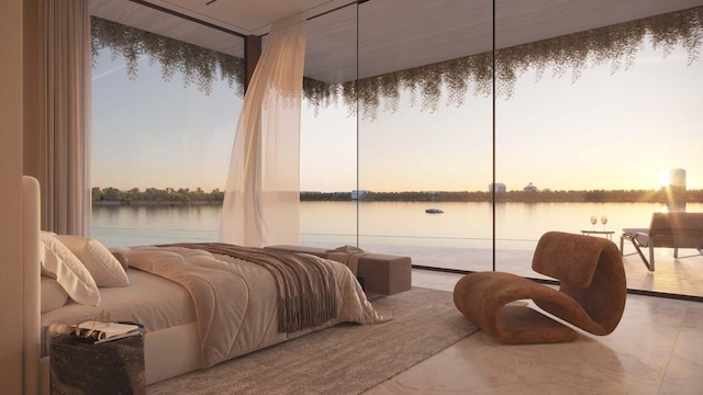 bedroom featuring a water view