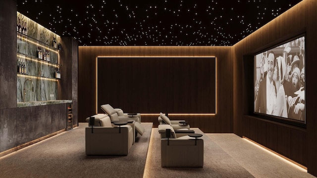 home theater featuring carpet floors and wooden walls