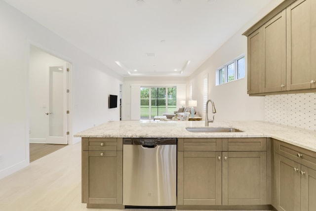 kitchen with sink, dishwasher, kitchen peninsula, light hardwood / wood-style floors, and backsplash