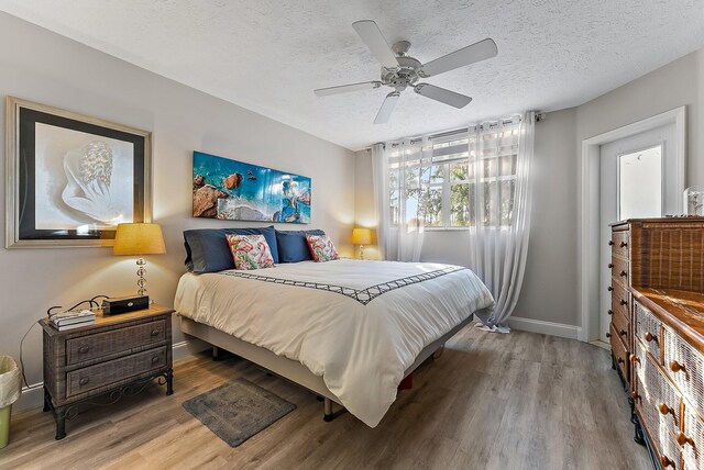 details featuring a textured ceiling, baseboards, wood finished floors, and a stone fireplace