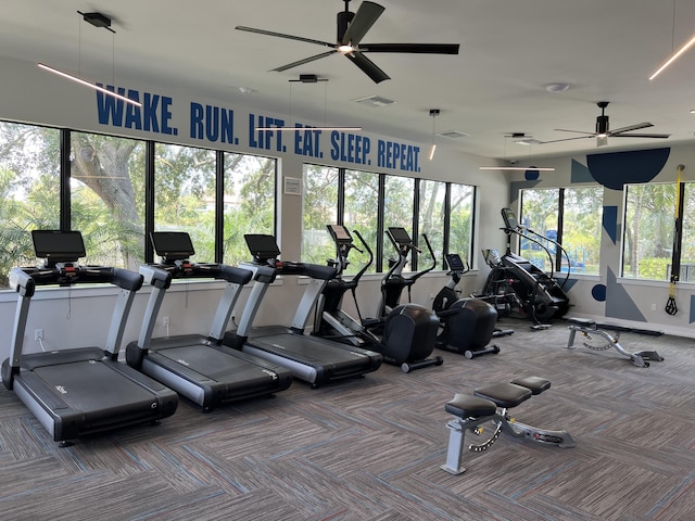 gym with ceiling fan and carpet