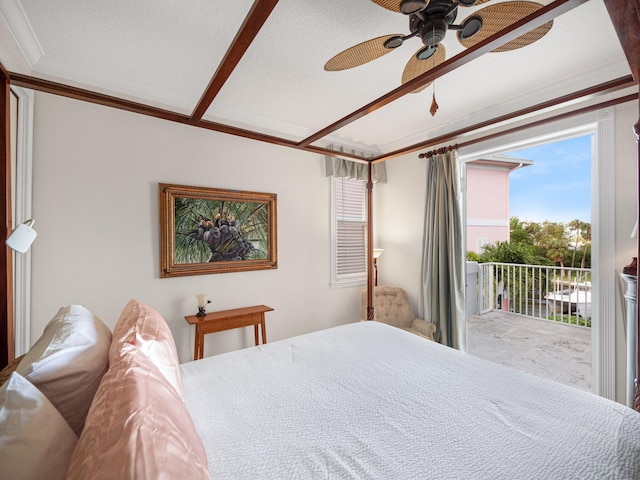 bedroom with crown molding, ceiling fan, and access to exterior