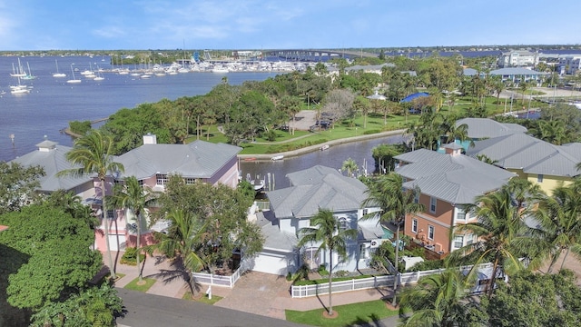 drone / aerial view featuring a water view