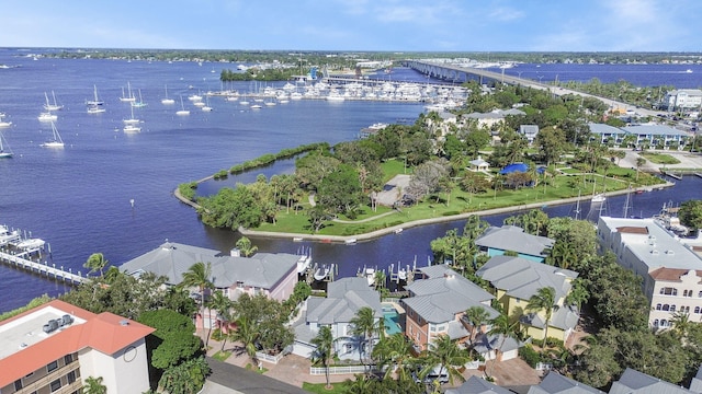 drone / aerial view featuring a water view