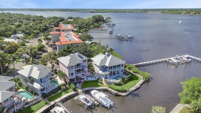 drone / aerial view featuring a water view