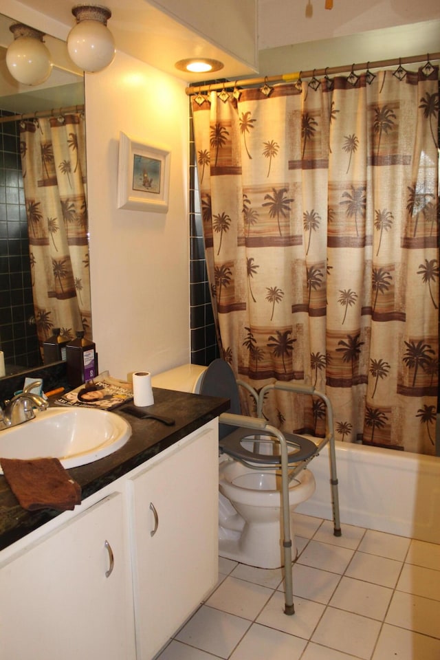 full bathroom featuring a bathtub, a shower with curtain, toilet, vanity, and tile patterned flooring