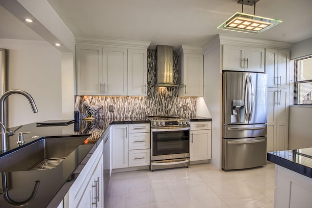 6944 Briarlake Cir Unit 101, Palm Beach Gardens, FL 33418 - kitchen featuring stainless steel appliances, wall chimney range hood, a sink, recessed lighting, and backsplash