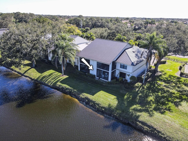 aerial view featuring a water view