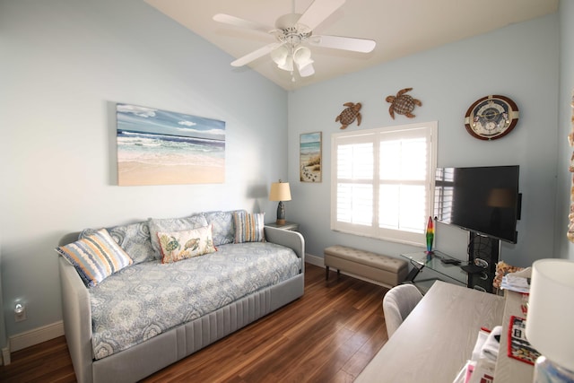 living room with lofted ceiling, dark wood-type flooring, and ceiling fan