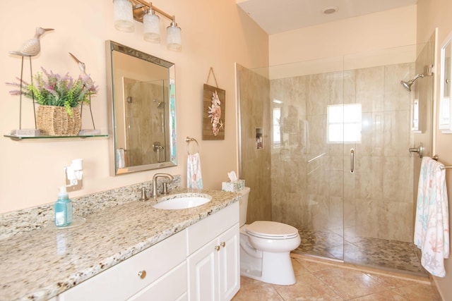 bathroom featuring toilet, an enclosed shower, tile patterned floors, and vanity