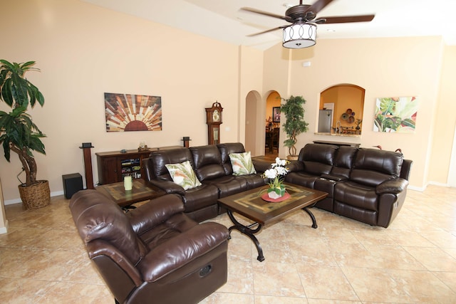 living room featuring ceiling fan