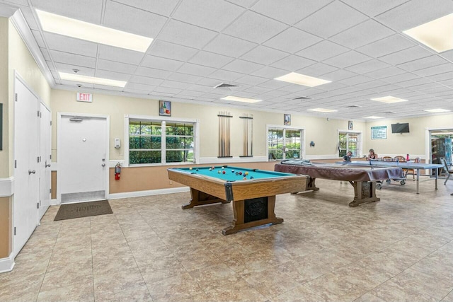 game room with a wealth of natural light, a drop ceiling, and pool table