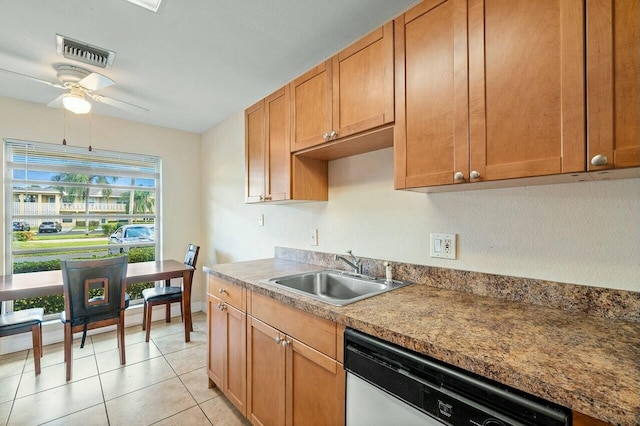 kitchen featuring stainless steel dishwasher, ceiling fan, light tile patterned floors, and sink