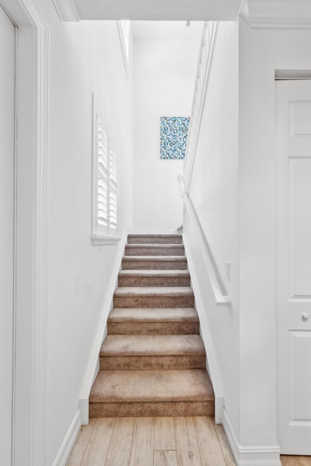 stairs featuring hardwood / wood-style floors