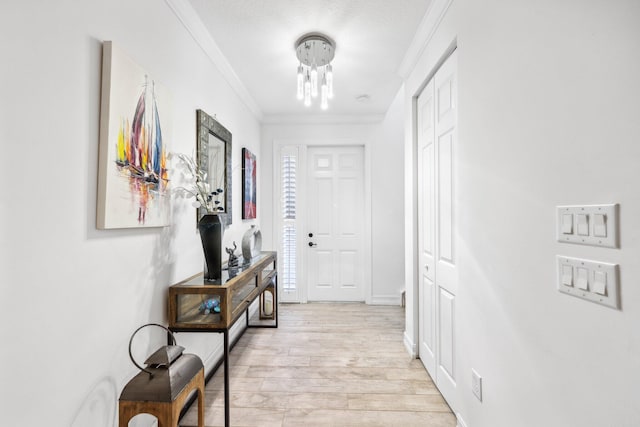 hallway with light hardwood / wood-style floors and ornamental molding