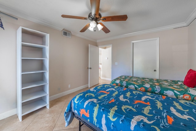 bedroom with ceiling fan, ornamental molding, and tile patterned flooring