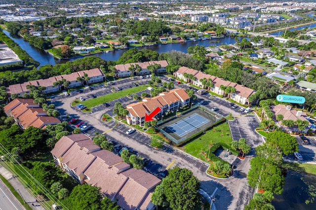 aerial view featuring a water view