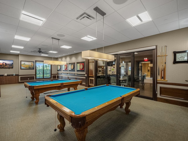 playroom featuring billiards, a paneled ceiling, and carpet floors