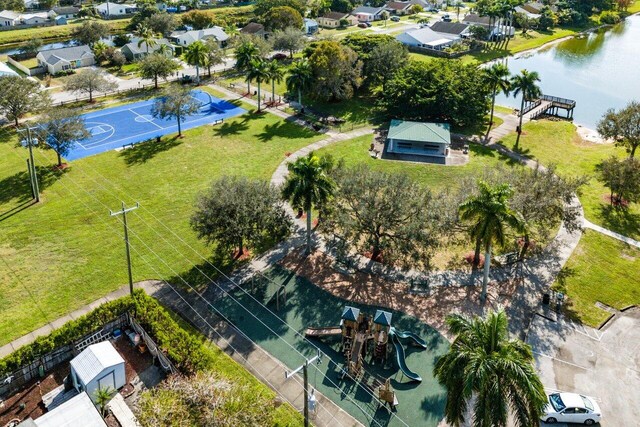 drone / aerial view featuring a water view