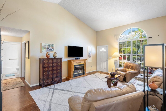 living room with a textured ceiling, dark hardwood / wood-style floors, and lofted ceiling