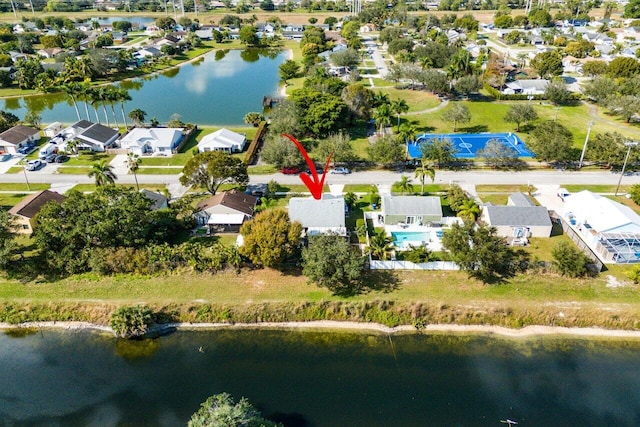 aerial view featuring a water view