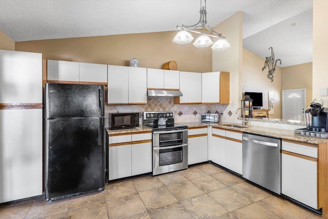 kitchen featuring black appliances, decorative light fixtures, white cabinetry, and sink