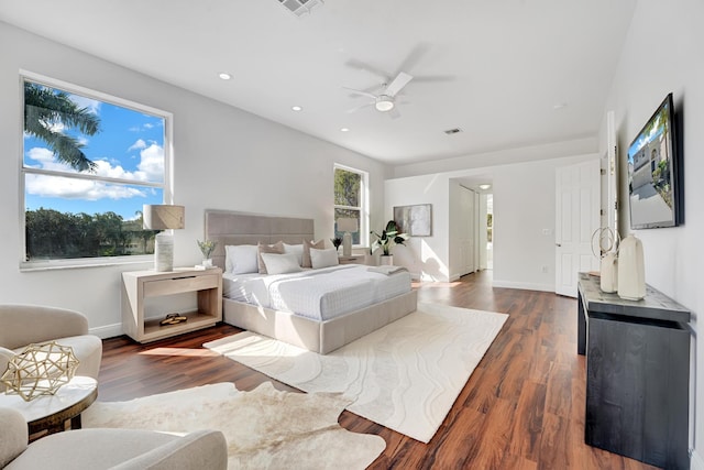 bedroom featuring dark wood-type flooring and ceiling fan