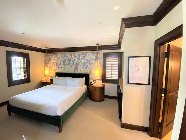 bedroom featuring light colored carpet and ornamental molding