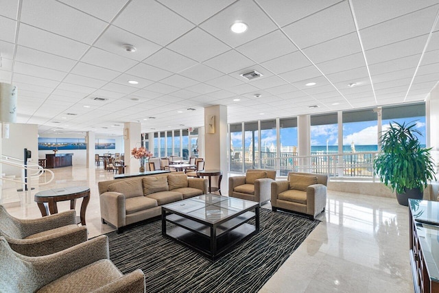 building lobby featuring a water view