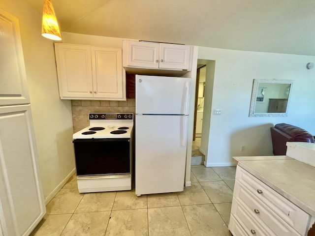 kitchen featuring white cabinets, white appliances, tasteful backsplash, and hanging light fixtures