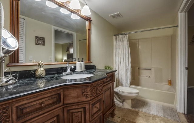 bathroom with visible vents, shower / tub combo with curtain, vanity, and toilet